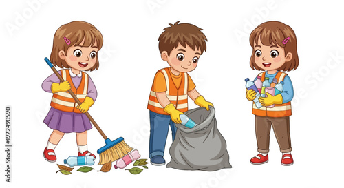 Children in safety vests cleaning up trash in a public park, illustration of community service and environmental care from a frontal viewpoint