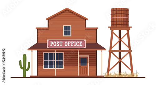 Rustic Post Office Building with Water Tower and Cactus in Desert Landscape Illustration