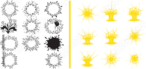 A diverse vector set featuring black-and-white comic-style speech bubbles, jagged explosive frames, and a bouquet of stars, paired with a series of vibrant yellow radial blast and impact effects.