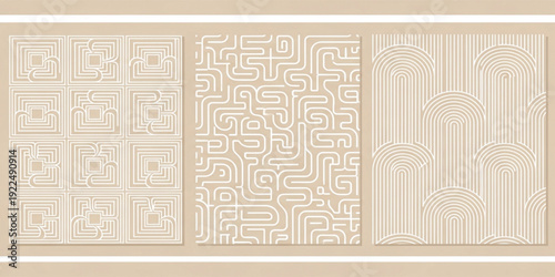 Abstract Geometric Seamless Pattern Set with Modern Line Art, Maze Shapes, and Retro Arch Designs for Wallpaper, Textile, Packaging, and Background Decor