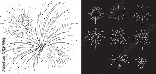 A comprehensive vector collection of line-art fireworks, starbursts, and sparkles. Featuring both hand-drawn doodles and geometric icons in black and white for versatile celebration designs.