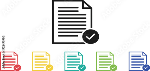 Approved Document File Icon Set with Check Mark Verification Symbols for Business Agreement Checklist Audit and Digital Paperwork Vector Design