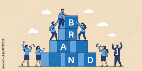 Brand Building and Team Collaboration Concept with Business People Stacking Blocks for Corporate Identity Development, Marketing Strategy, and Company Growth Illustration