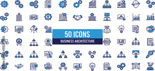 Business Architecture Line Icon Set with Corporate Management Strategy Analytics Leadership and Workflow Outline Symbols for Company and Startup Design