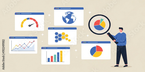 Business Data Analytics and Performance Monitoring Concept with Charts, Graphs, Dashboard Windows, and Analyst Character for Financial Growth and Market Research Strategy