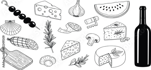 Cheese Wine and Gourmet Food Hand Drawn Illustration Set with Olives Garlic Bread Herbs and Snacks Vintage Outline Vector Collection