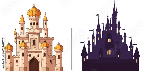 Fairy Tale Castle Vector Illustration Set with Medieval Royal Palace Architecture Fantasy Kingdom Fortress and Silhouette Tower Design Elements