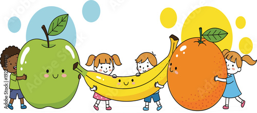 Happy Kids with Giant Fruits Illustration Cute Children Holding Apple Banana and Orange Healthy Eating and Nutrition Concept Vector Design