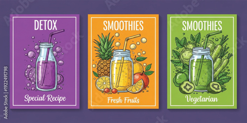 Healthy Smoothie and Detox Drink Poster Set with Fresh Fruits, Vegetables, and Juice Bottles for Organic Nutrition, Vegetarian Lifestyle, and Wellness Promotion