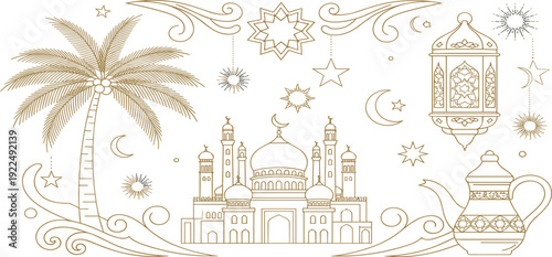 Ramadan Kareem Islamic Line Art Illustration with Mosque Lantern Palm Tree Crescent Moon and Arabic Ornament Elements for Eid Mubarak Design