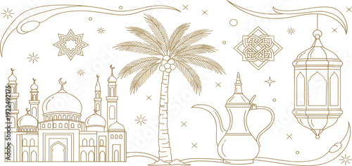 Ramadan Kareem Islamic Line Art Illustration with Mosque Palm Tree Arabic Lantern Teapot and Crescent Moon Decorative Eid Mubarak Vector Design