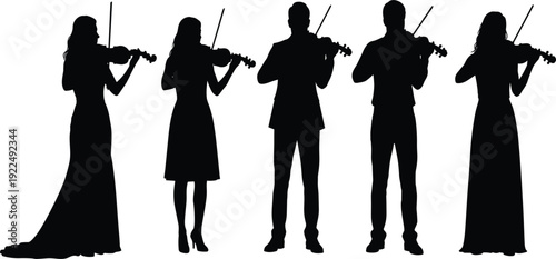 Abstract Violin Player Silhouette Collection with Classical Musicians Performing Orchestra Concert and Music Performance Black Vector Illustration