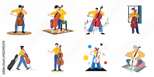 Diverse Cello Players: Musicians Performing and Practicing with String Instruments in Various Settings and Poses, Flat Vector Illustration