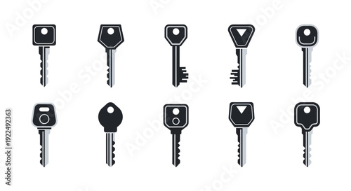 Diverse collection of modern and classic security keys, a comprehensive set of access tools for various locks, featuring unique designs in a crisp vector illustration format