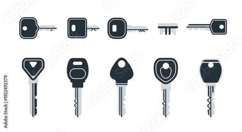 Collection of various flat design house and car keys, illustrating security and access concepts