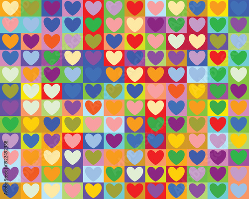 Colorful heart pattern on a vibrant multi-colored checkerboard background design