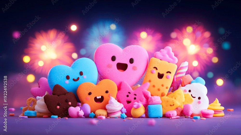 Obraz premium Festive Chocolate Heart Characters Watching a Vibrant Fireworks Display Over a Bustling City