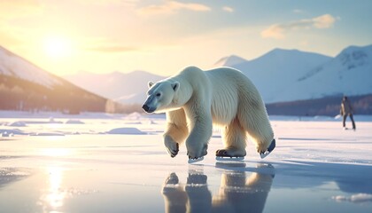 Polar bear walking on ice at sunrise.