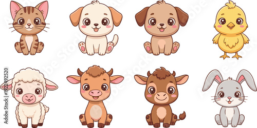 Cute Baby Farm Animals Vector Set – Cartoon Kitten, Puppy, Chick, Lamb, Calf, Goat, Bunny for Kids, Pets, Education