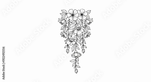 Ornate black and white sketch of cascading flowers and leaves