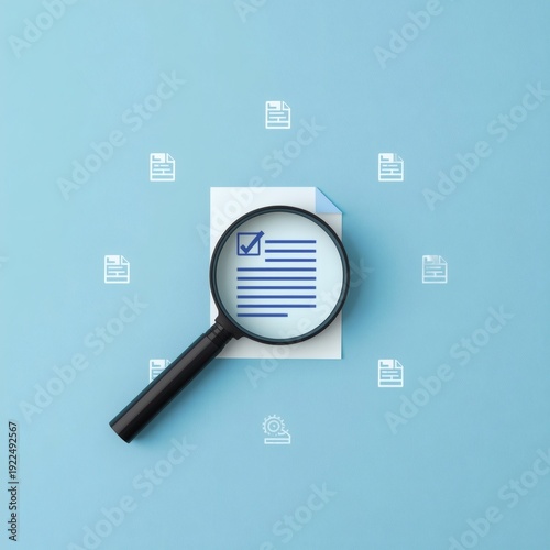 Magnifying glass over document with checklist on blue background