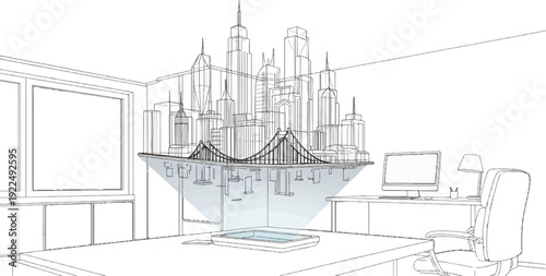 Office desk displaying a futuristic holographic city skyline projection