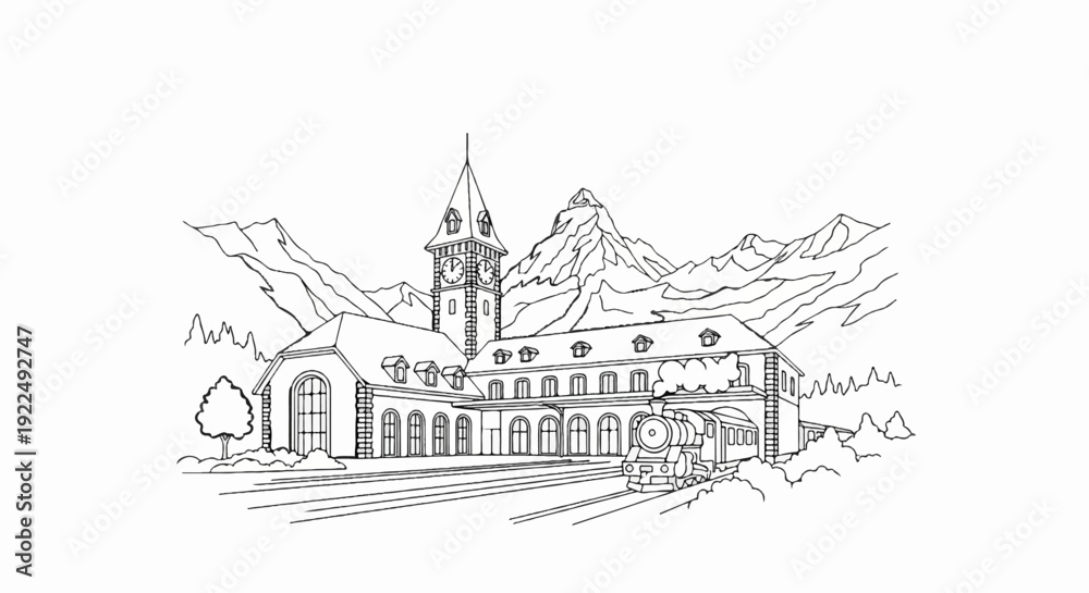 Obraz premium Old train station nestled amongst snowy peaks with steam engine
