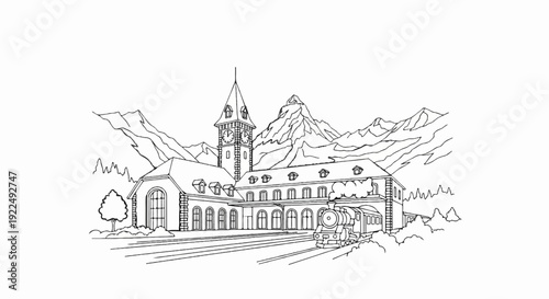 Old train station nestled amongst snowy peaks with steam engine