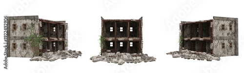 Post apocalyptic ruined buildings. Set of 3 isolated 3D rendered illstrations.