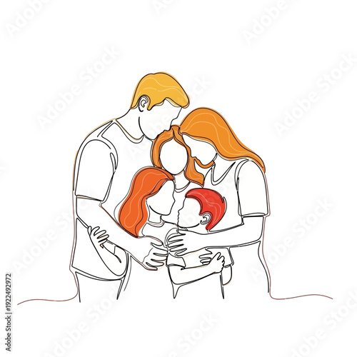 A loving family of four, parents and two children, embracing each other in a warm hug, depicted in a continuous line art style with warm color accents.