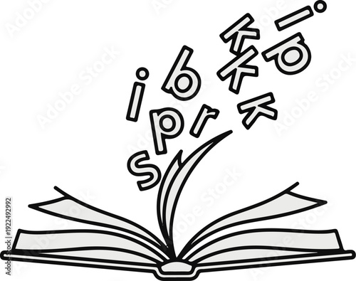 Open book with letters flying out into the air