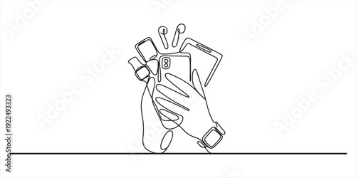 Hand holding a mobile phone in one line art style. Phone drawing with editable black stroke on white background. Vector illustration.