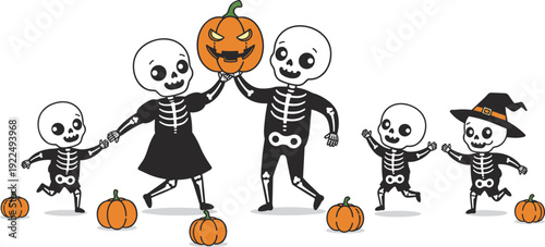 Cute skeleton family dancing with jack o lantern pumpkin head celebrating halloween together with pumpkins vector illustration cartoon character design