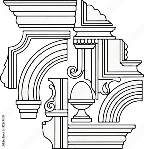 Ornate architectural elements, classical design, decorative motifs