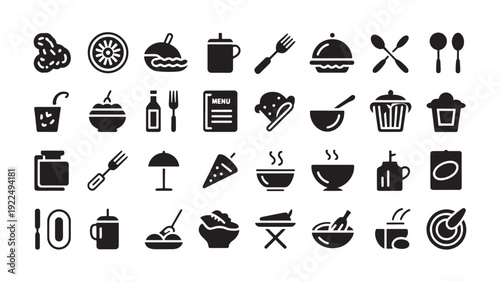 Collection of diverse food and drink icons, perfect for menus, apps, and websites. Simple black and white vector illustration style.