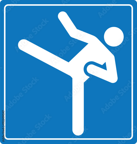 Blue sports sign with white pictogram of a martial artist performing a high kick