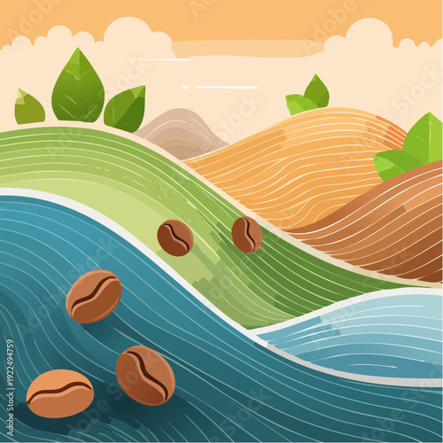 Vector coffee pattern background, line wavy illustration with beans. Floral, leaves print, package, banner.