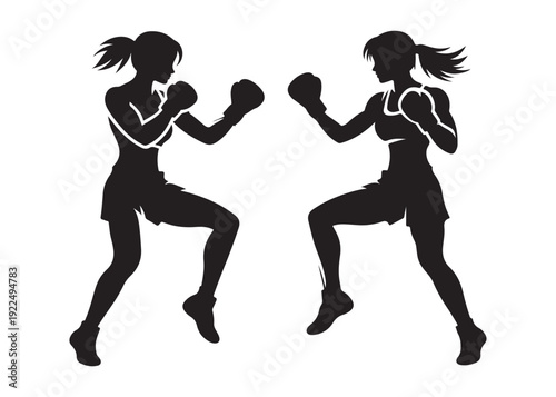 two woman boxer logo silhouette vector, woman in boxing gloves silhouette vector illustration, boxing woman logo silhouette, powerful female boxer logo vector silhouette on white background