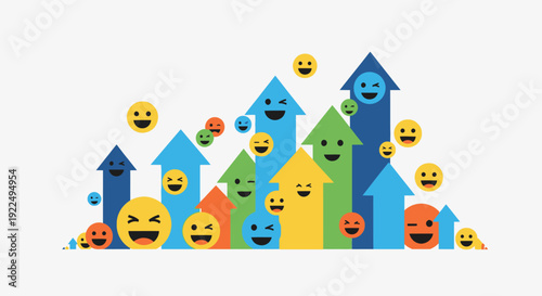 Colorful arrows and emoticons rising upwards in a vibrant graphic.