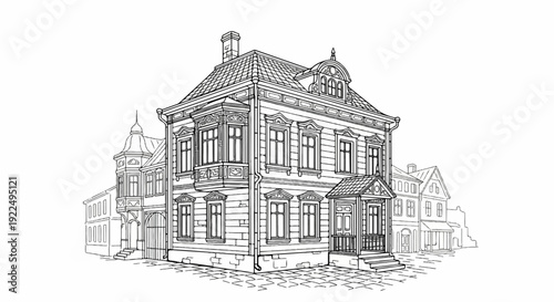 Ornate architectural sketch of a corner building on a cobblestone street