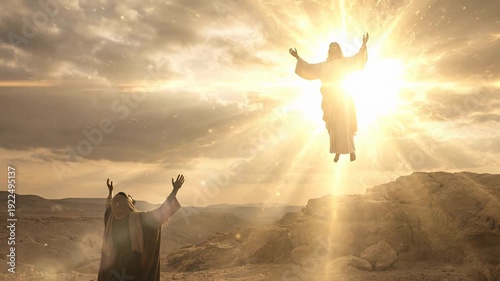 Conceptual vision of divine victory showing resurrected jesus christ ascending toward a bright heavenly light in the clouds while his amazed followers watch from a biblical hillside setting