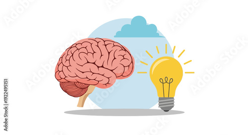 Human Brain and Light Bulb Symbolizing Creativity and Ideas.