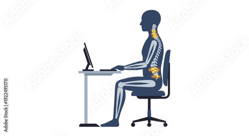 A skeletal silhouette figure sits at a desk using a computer, highlighting correct ergonomic spine posture and support.