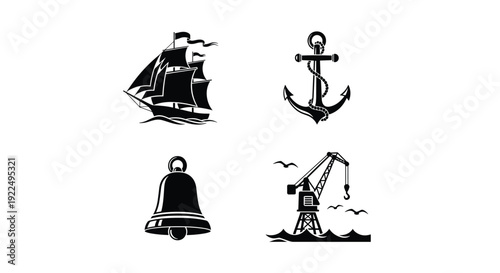 Nautical themed vector icon set featuring a sailing ship anchor ship bell and harbor crane in a black and white style.