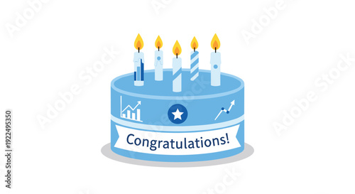 A blue Congratulations cake adorned with five lit candles and business growth icons on a plain white background.