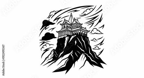 Ornate Asian temple perched atop a dramatic, jagged mountain peak under a stormy sky