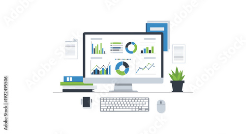 A tidy office desk setup showcases a monitor displaying data dashboards, complemented by a keyboard, mouse, books, documents, and a small plant.