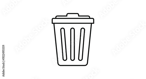 Trash can with lid simple outline illustration in black and white representing waste management and city recycling.