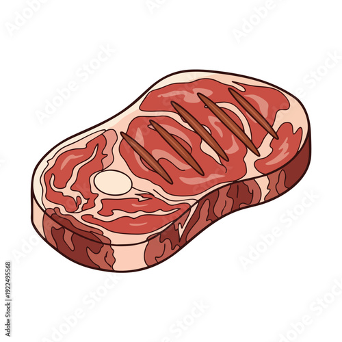 Illustration of a Raw Steak Cut with Marbling and Bone for Culinary and Gourmet Use