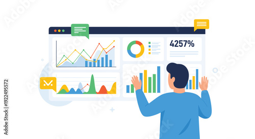 A man stands before an expansive digital dashboard filled with various data charts, graphs, and interactive speech bubbles.